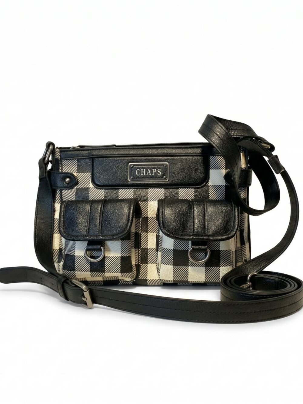Chaps Black & White Buffalo Check Utility Crossbody Bag